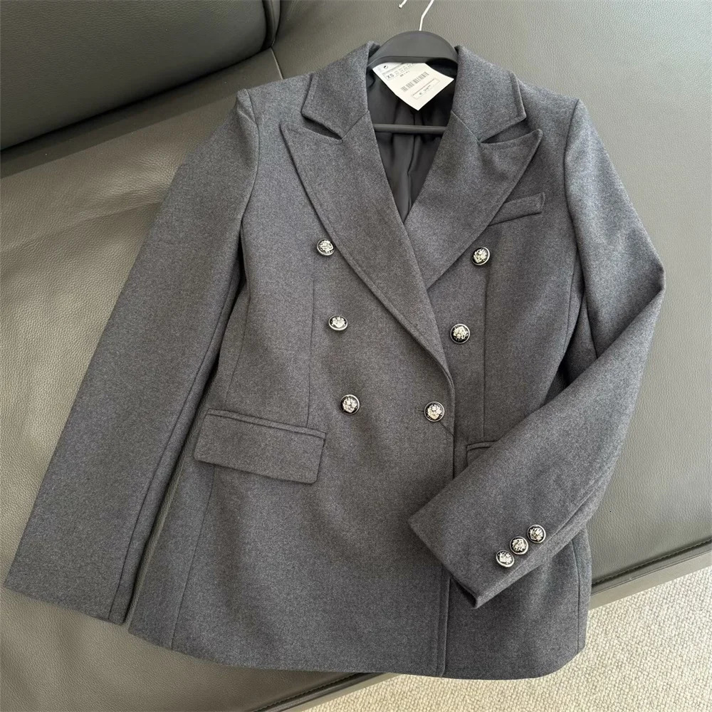 UNIZERA womens suit jacket with lapel long sleeved double breasted buttons and pockets winter style 250213