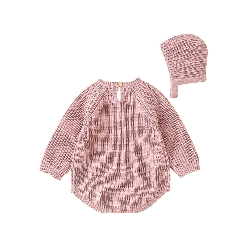 Autumn Baby Bodysuits Clothes Winter Solid Long Sleeve Knit born Boys Girls Onesie Hats Outfits 0-18m Infant Netural Costumes 250220