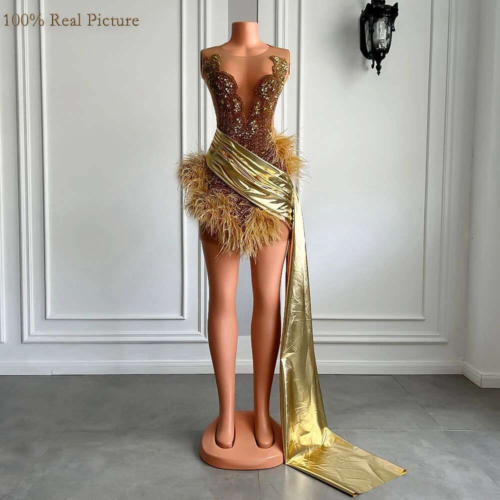 Dia Gold Formal Ocn Tail Sheer Sexy See Through Black Girls Feather Short Prom Dresses Birthday