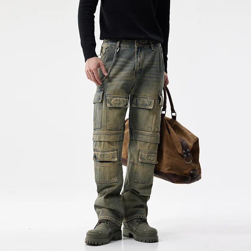 Retro and nostalgic mens jeans autumn and winter personalized multi pocket workwear trend Distressed Denim Y2K Trouser 250220