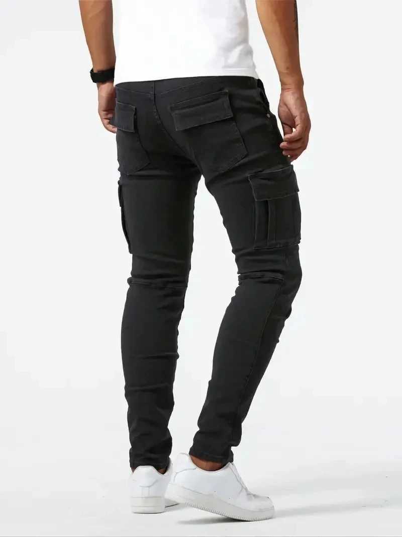2025 Street Elastic Jeans Mens Denim Cargo Pants Wash Solid Color Multi Pockets Casual Mid Waist Trousers Slim Daily Wear Joggers X250220
