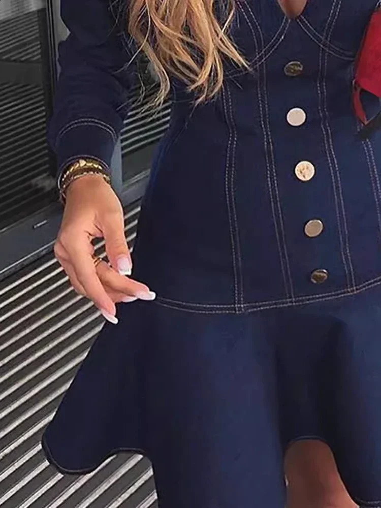 Denim Dresses Women Summer Fashion Casual Bright Line Decoration Long Sleeves button Ruffle Hem Bodycon Mini Dresses 250220