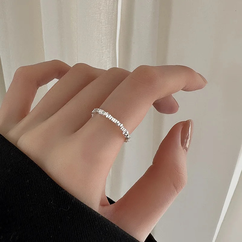 Square geometric ring niche n luck beads elastic rope plain ring 250213
