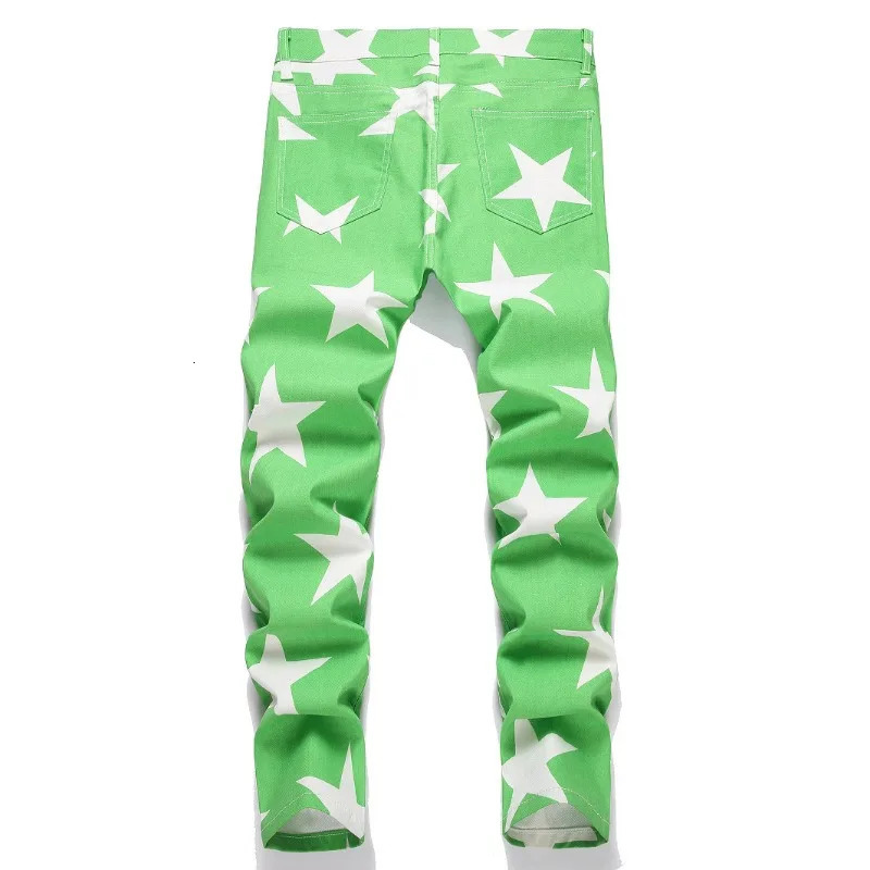 Men Stars Print Jeans Y2K Fancy Color Spliced Pants Stretch Cotton Denim Slim Straight Trousers Green 250219