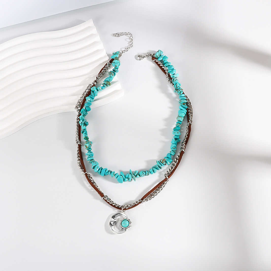 Pendant Necklaces Jewelry ethnic style double-layer layered necklace womens sun and moon inlaid turquoise alloy pendant necklace NK24410 H25219