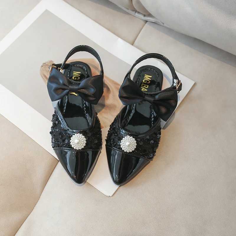 Girls Sandals Pointed Toe Patent Leather Pearl Elegant Kids Summer Shoes Shallow Flat Black Beige New Children Shoes 26-36 X250220