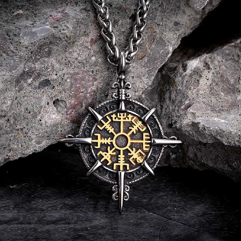 Retro Gold Color Vikings Compass Necklace Men Antique Stainl Steel Norse Rune Amulet Pendant Vegvisir Homme landic JewelryXJ250219