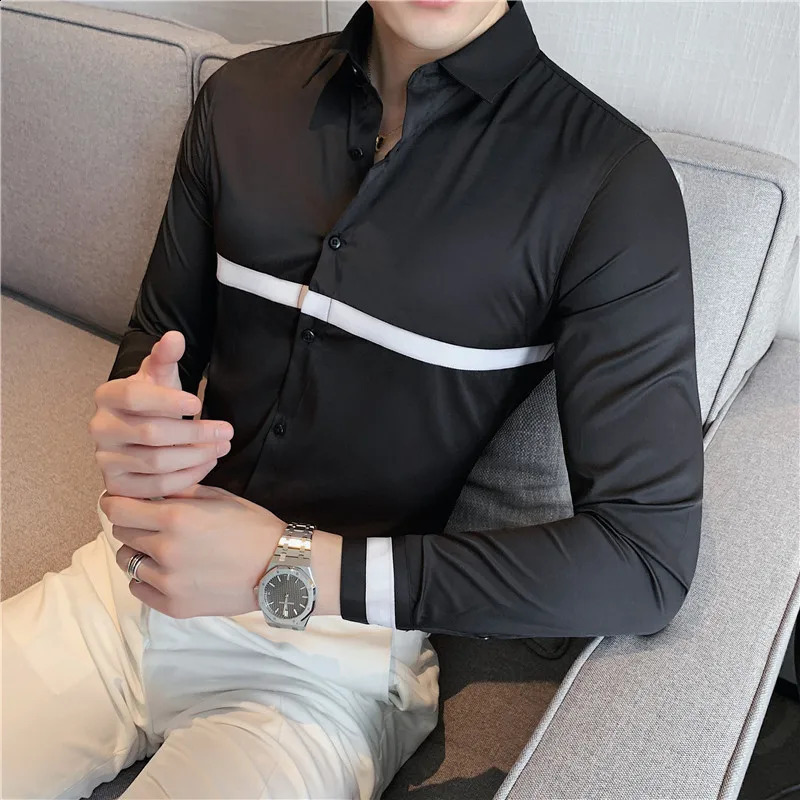 Autumn Long Sleeve Shirts Slim Fit Casual Business Formal Dress Ribbon Decoration Social Party Office Mens Clothing 250220