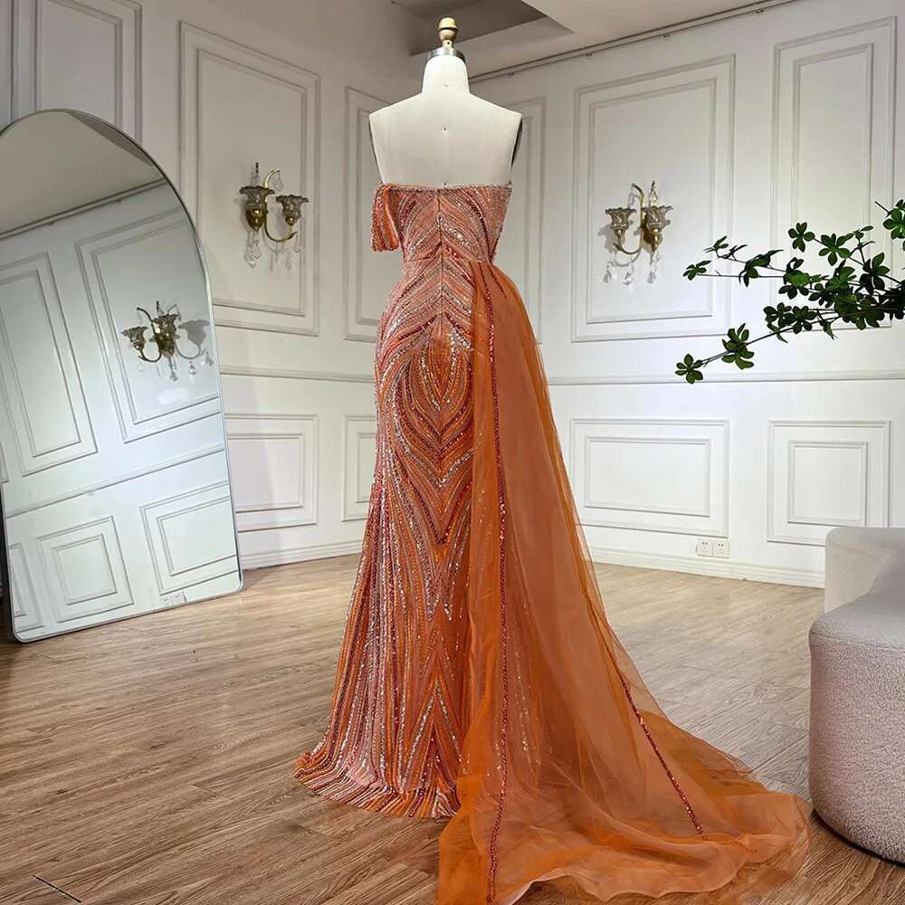Blue Arabic One Shoulder Dubai Evening Gown With Side Overskirt Beaded Dress Customize Party BLA