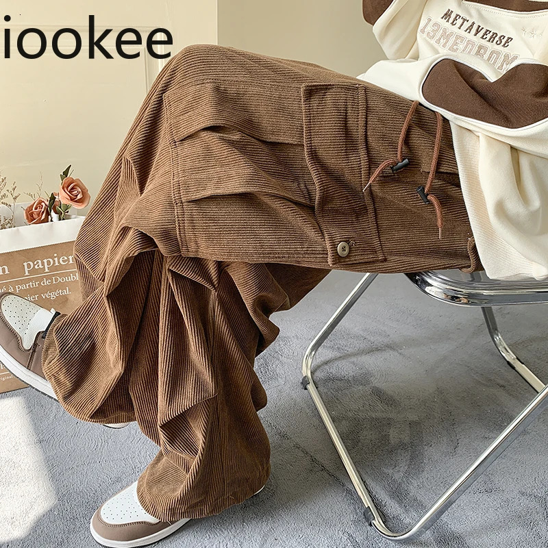 Mens Brown Y2K Baggy Japan Pants Oversized Corduroy Loose Wide Leg Cargo Pant Trousers Casual Men Sweatpants Streetwear Korean 250218