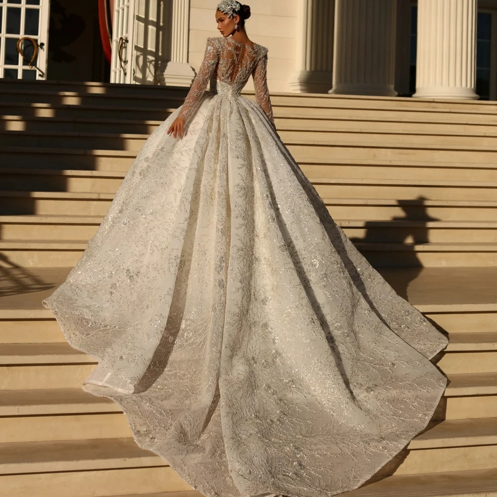 A e Women Wedding Jewel Neck Long Sleeves Bridal Gowns Sequins Lace Sweep Train Dress Custom Made vestidos de novia