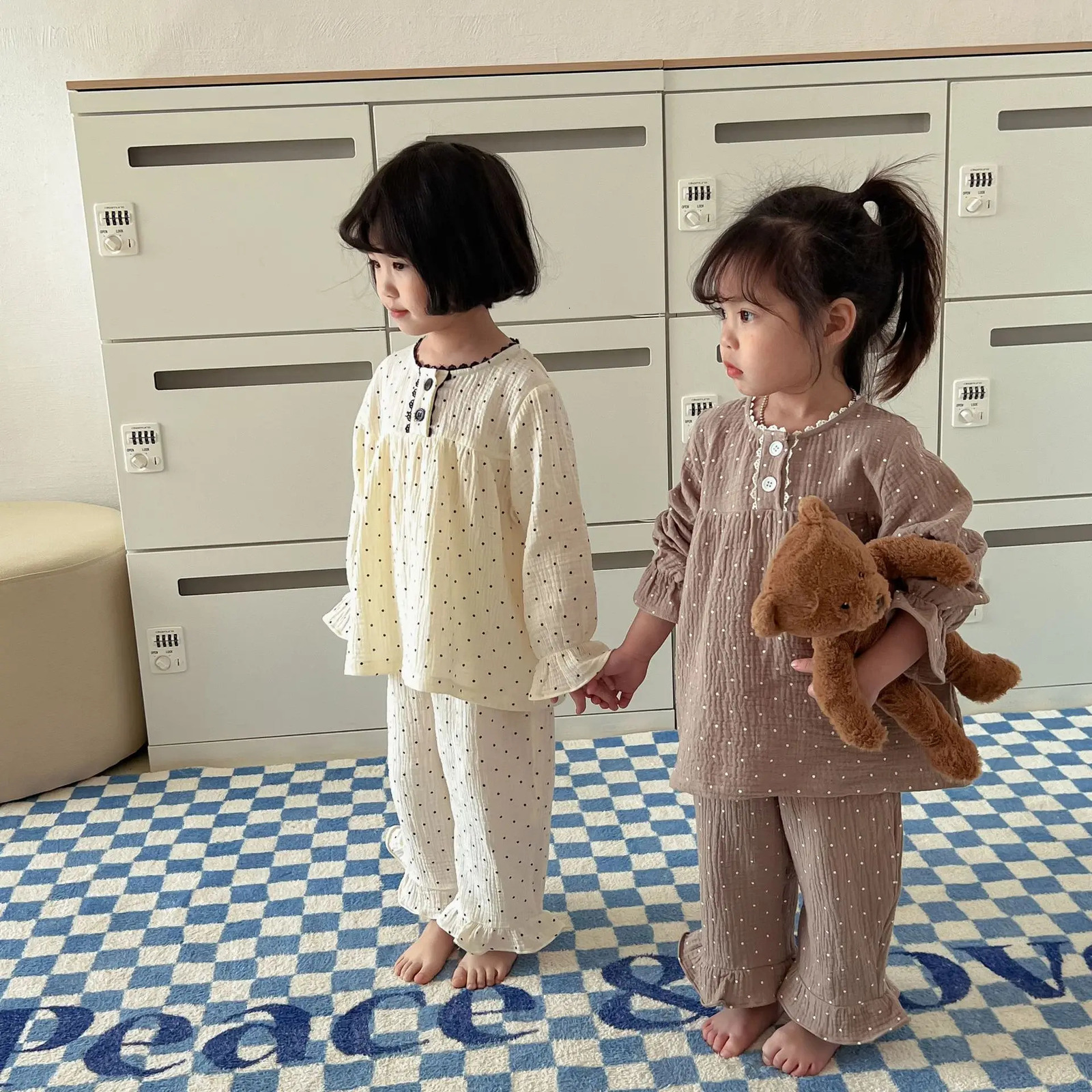 Childrens Boy Pajamas Spring Autumn Cotton Gauze Thin Long Sleeved Dot 2PCS Set 1-10 Years Baby Boys Air Conditioned Homewears 250220