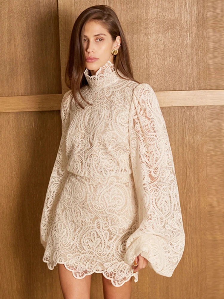 Fashion Lace Hook Flower Skirt Set Womens Turtle Neck Long Lantern Sleeve Shirt A-line Mini Skirt Spring Womens Wear 250220