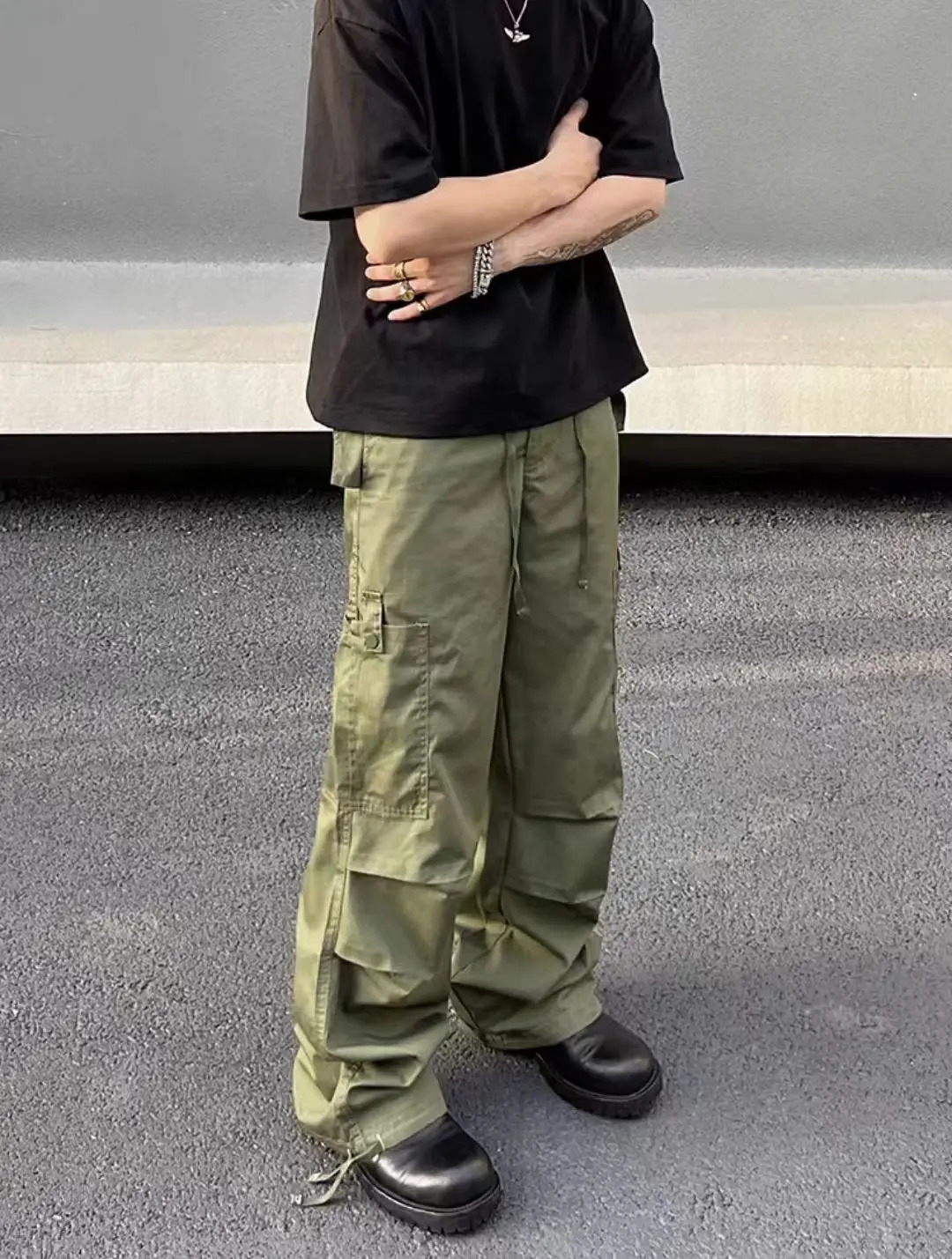 Green Cargo Pants Mens Baggy Summer Multi-pocket Loose Casual Fashion Y2k Autumn Straight-leg Streetwear Wide Leg Trousers 250220