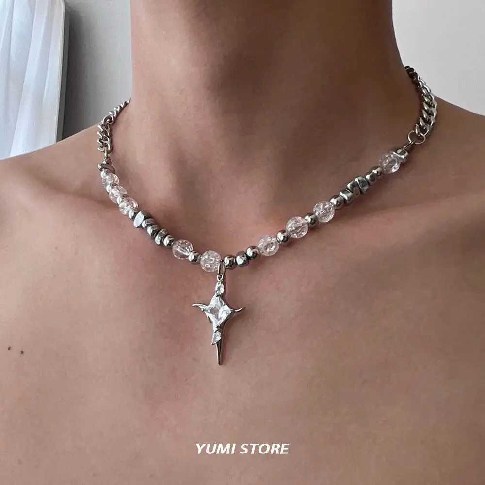 Hip Hop Imitation Pearl Cross Necklace For Men Women Trend Titanium Steel Collar Chain Kpop Pendant Jewelry Unisex AccoriesXJ250219