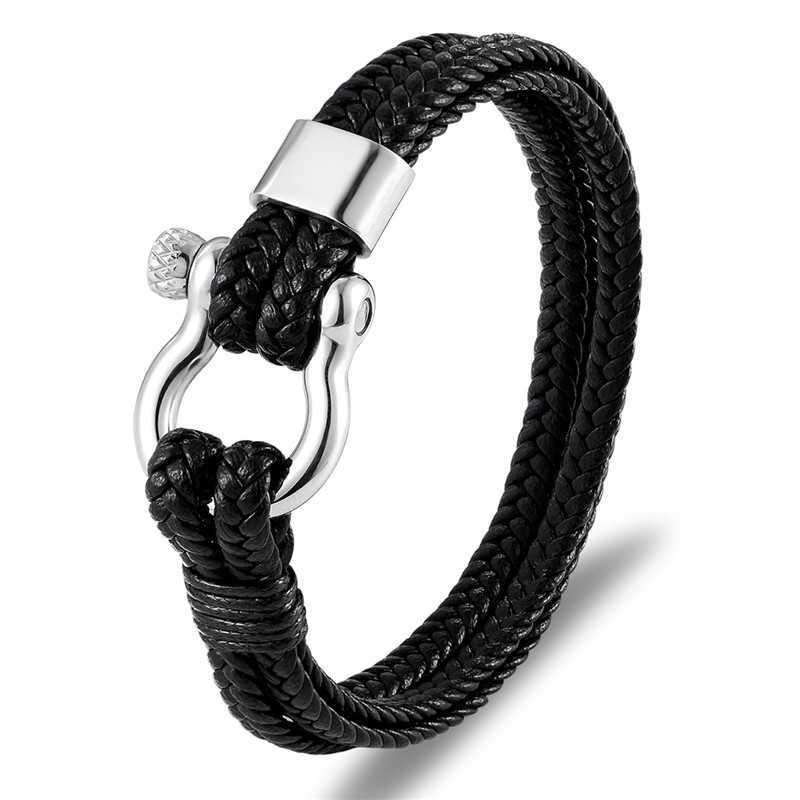 Charm Bracelets Bracelet mens leather woven titanium steel bracelet horseshoe buckle stainless steel jewelry bracelet H25220