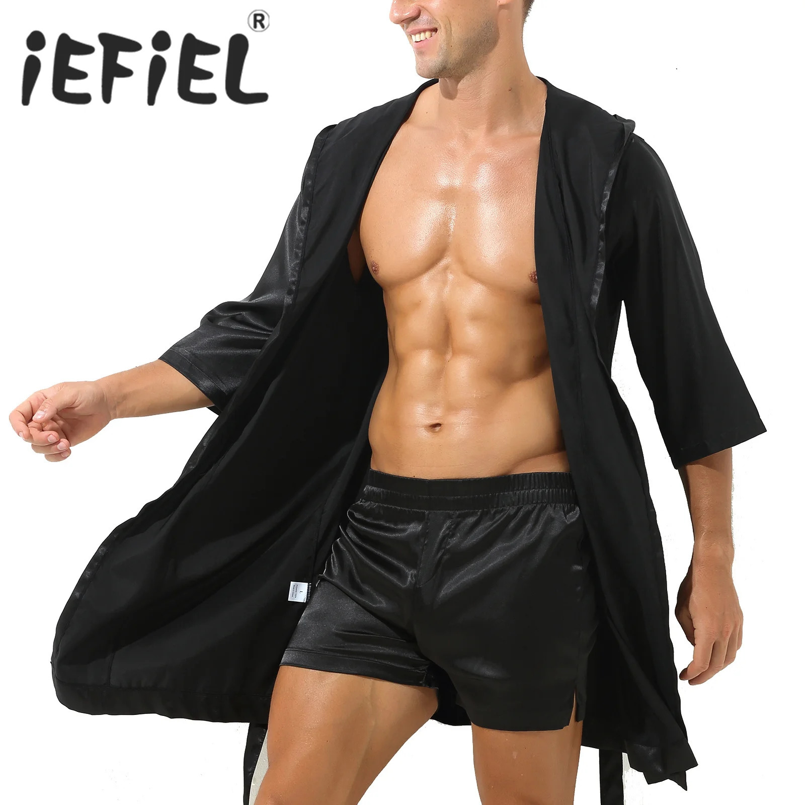 Mens Sleepwear Robe Satin Pajamas Tops Open Front Hooded Nightrobe Belted Kimono Half Sleeve Bathrobe without Shorts Nightwear 250220