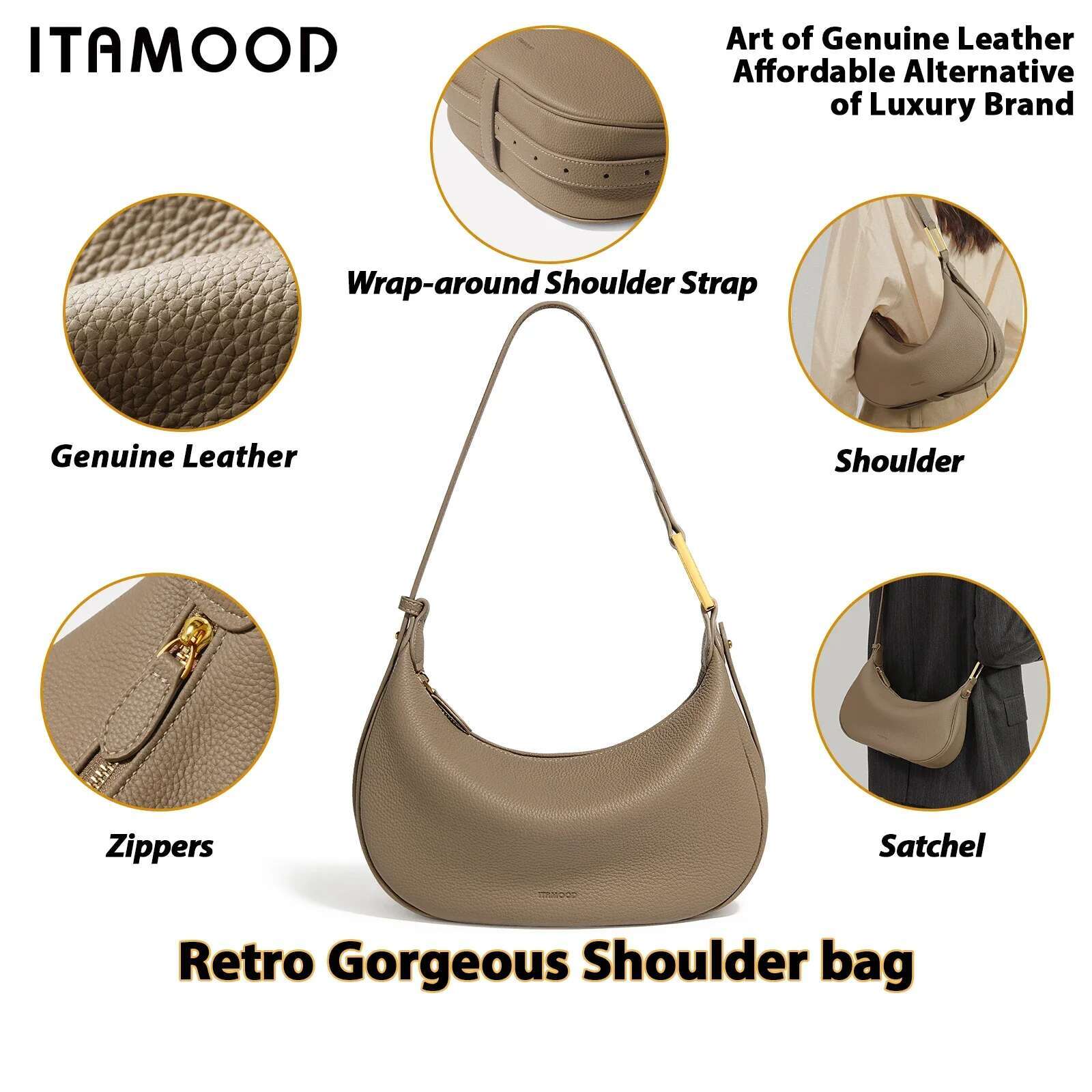 ITAMOOD Women Underarm Genuine Leather One Shoulder Crossbody Moon Bag High Grade Dumpgs Handbag For Cosmetic Storage