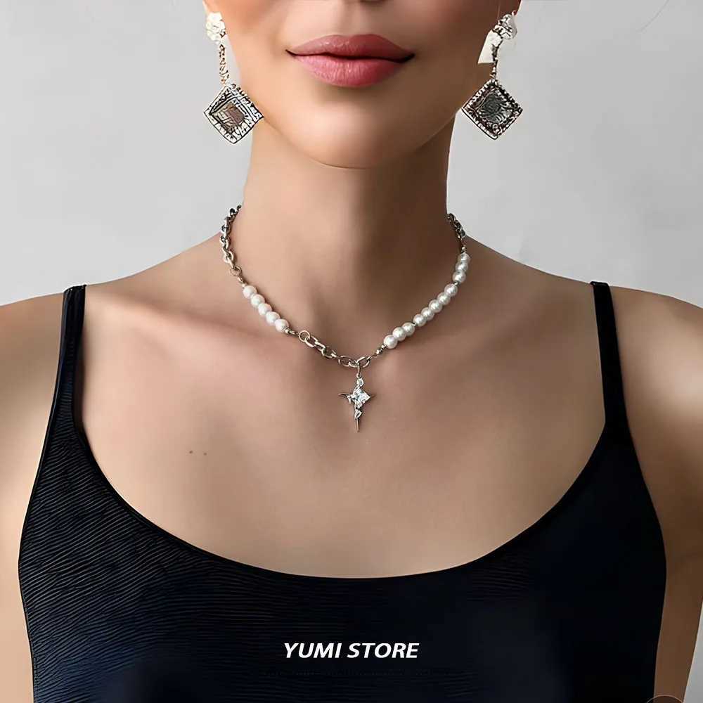 Hip Hop Imitation Pearl Cross Necklace For Men Women Trend Titanium Steel Collar Chain Kpop Pendant Jewelry Unisex AccoriesXJ250219