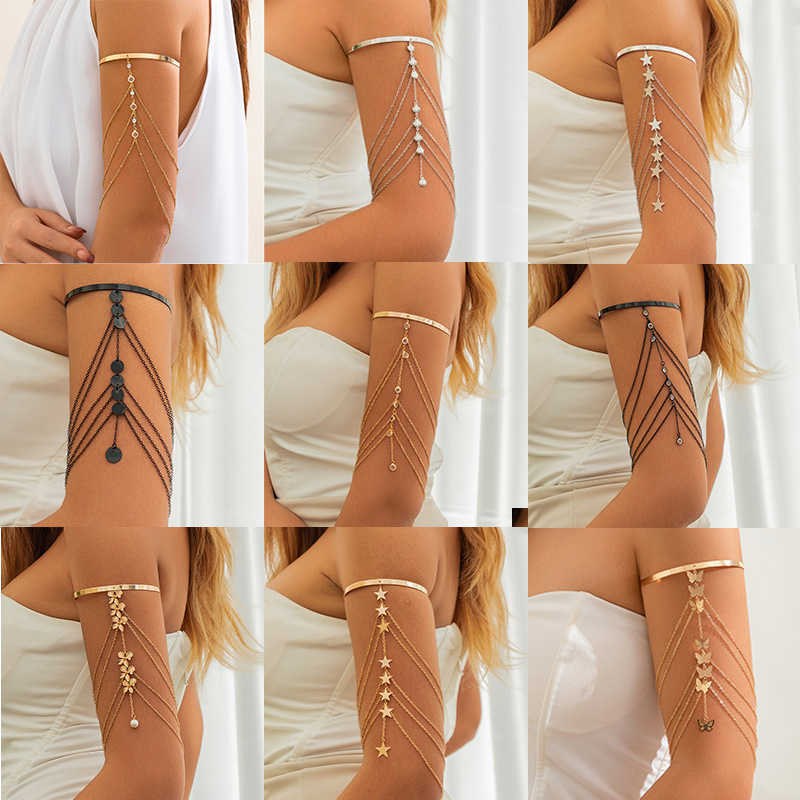 Charm Bracelets Fashion and sexy multi-layer tassel bracelet with white anti pearl arm chain inlaid H25220