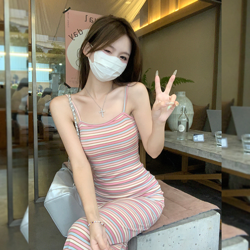 P1020 Rainbow slings small first love style girly striped skirt slightly fat tube top slim sling outer dress