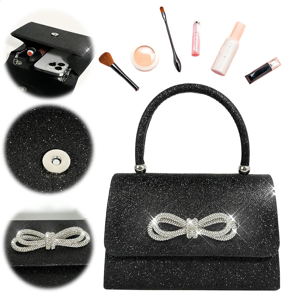 Bow Handbag Glitter Rhinestone Top Handle Bag Women Evening Sparkly Mini Square Wedding Party Prom Purse 250218