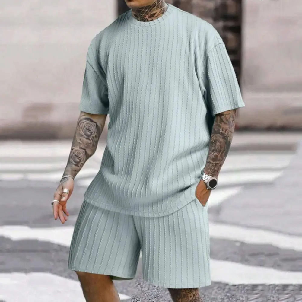 Jogging Suit with Pockets Mens Jacquard Texture Sports Suit Set with Elastic Waist Shorts Pockets Breathable for Fitness 250220