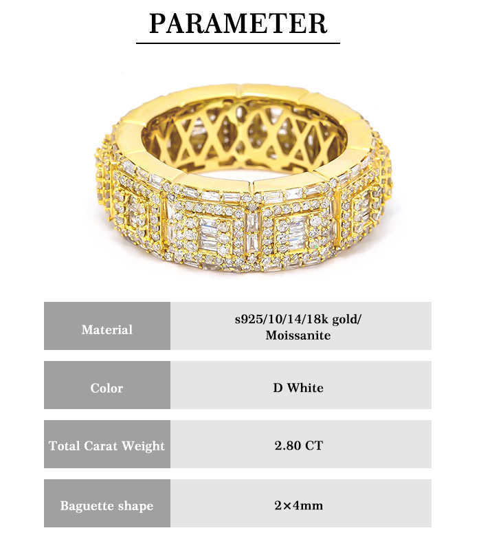 Luster Jewellery 10/14/18k Gold Hiphop Moissanite Diamond Men Eternity Ring 925 Sterling Silver
