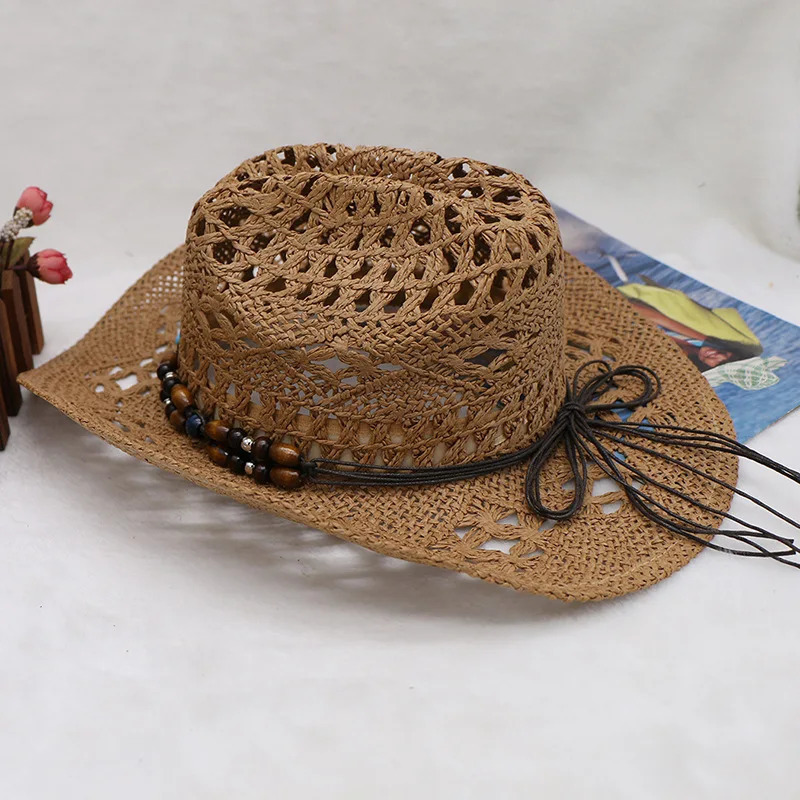 Straw Hat Women Men Summer Handmade Vintage Hollow Western brim Sun Protection Fisherman Mountaineering Bohemian Chain Jewel 250219