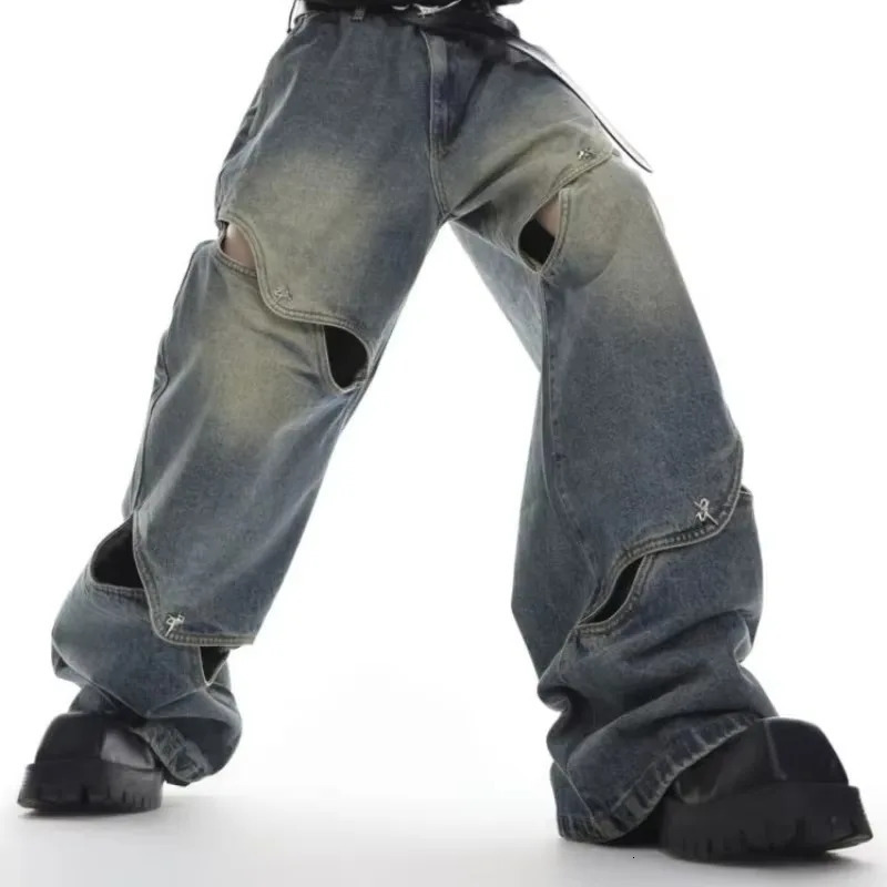 Cool Autumn Fashion Deconstructed Metal Button Jeans Men Heavy Industry Hollow Causal Loose Straight Wide Leg Pants Male 250220