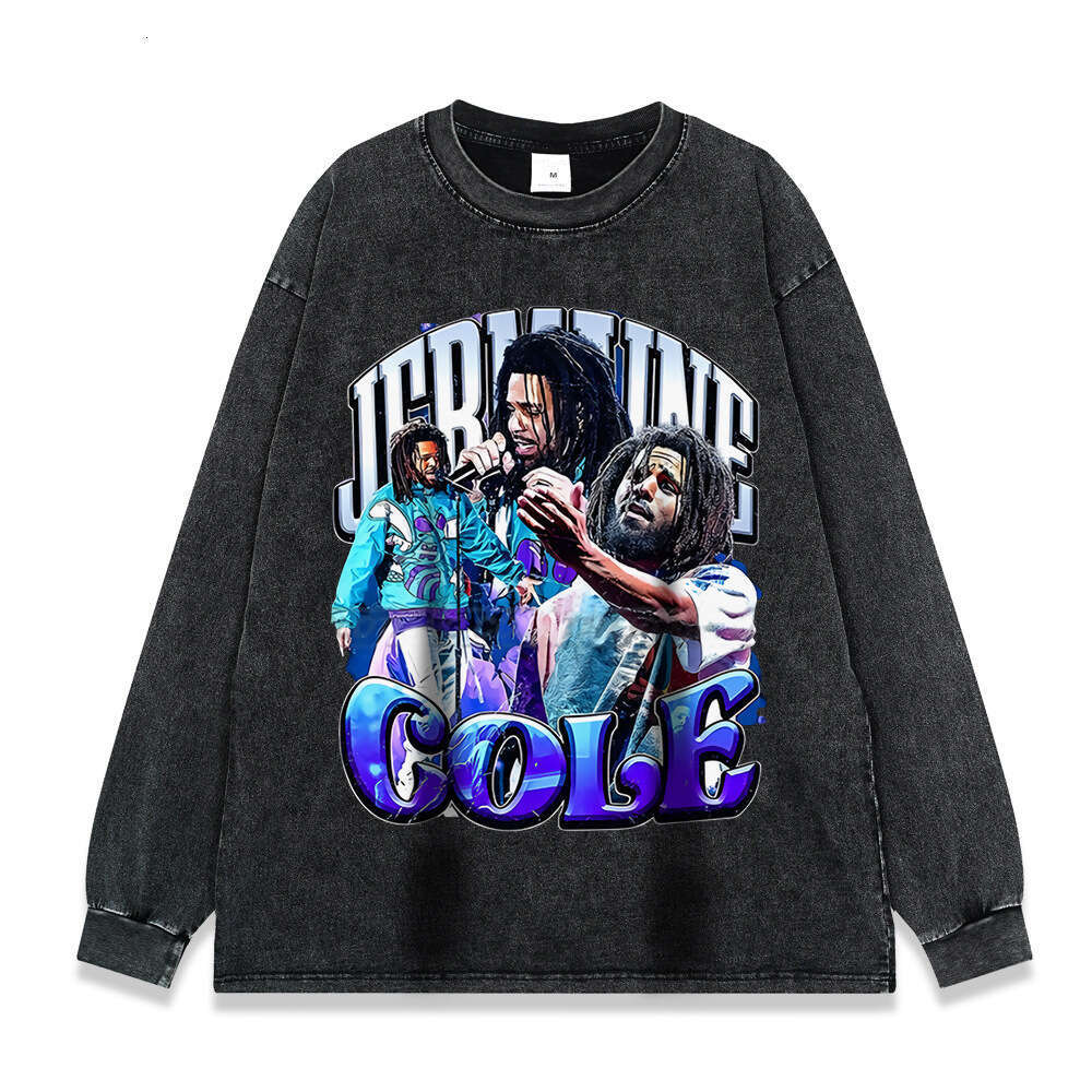 Rap series hip-hop print 260g washed and distressed long sleeved T-shirt for men tee American fashion label
