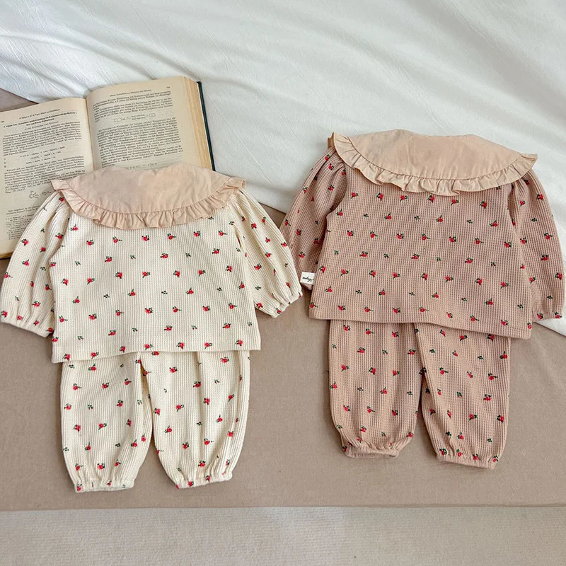 2024 Spring born Baby Girls Clothing Set Long Sleeved Waffle Cotton Printed CardiganPants Toddler Baby Girl Clothes Suit 250220