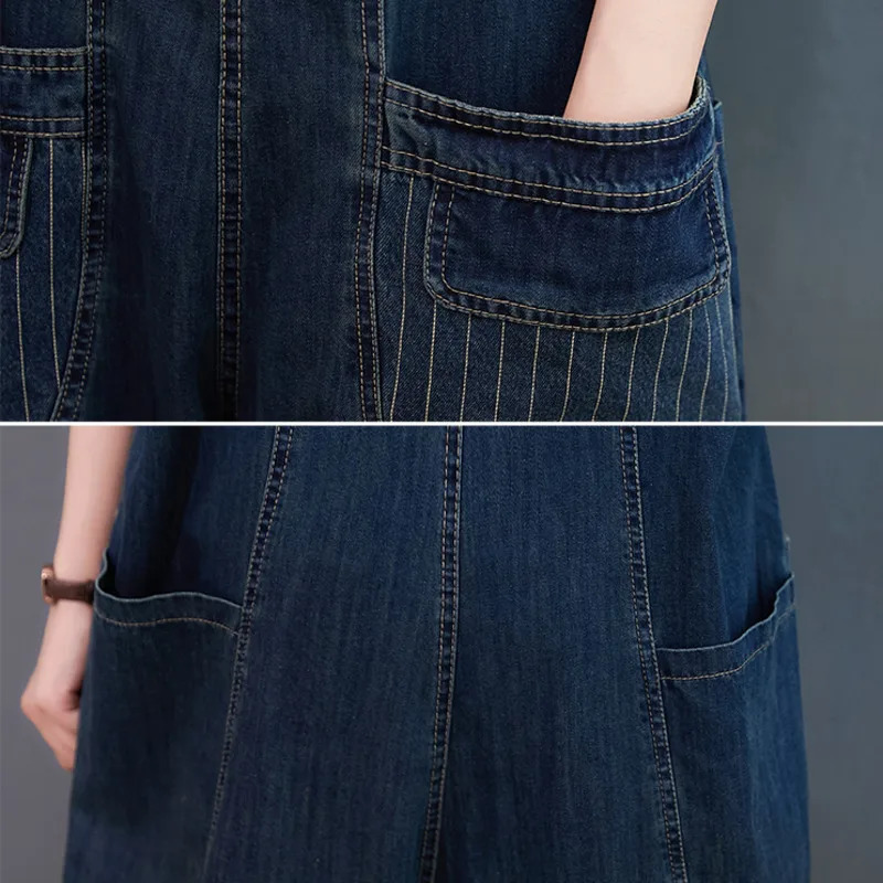 #1427 Blue Denim Overalls For Women Loose Big Pockets Casual Straight Jumpsuits Ladies Spaghetti Strap Rompers High Waisted 250220