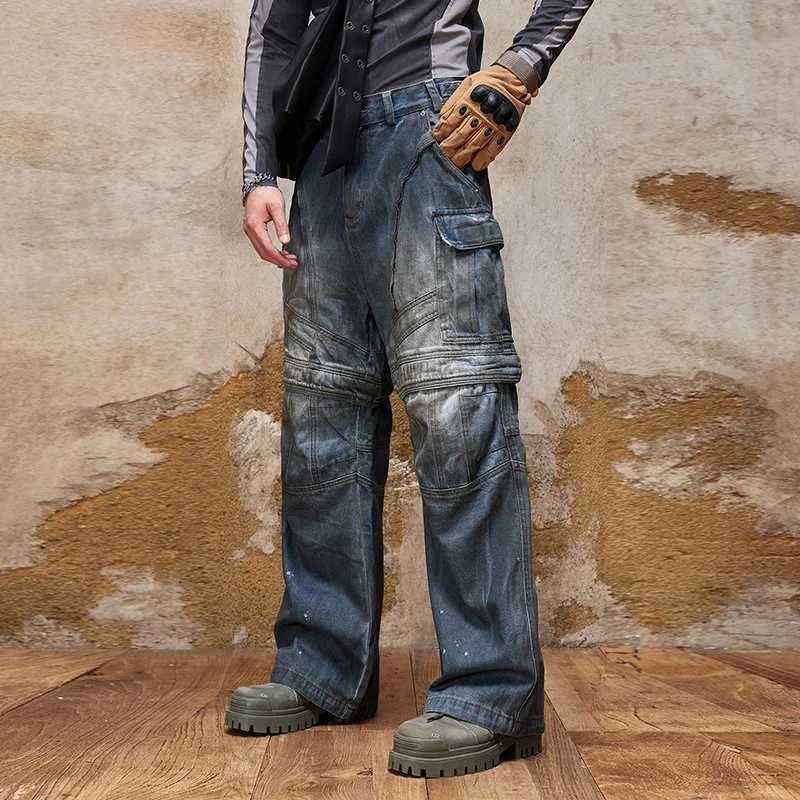 American-Style Multi-Pocket Jeans Mens Retro Nostalgic Loose Street Straight Wide Leg Hip Hop Trend Zipper Detachable Trousers X250220