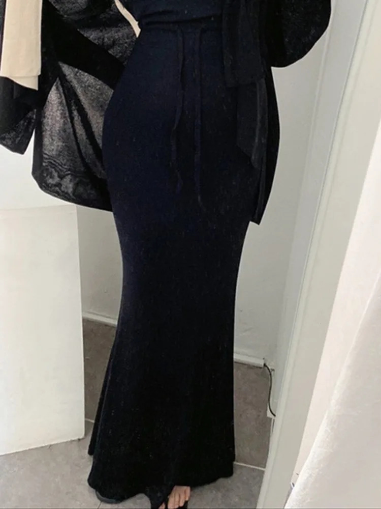 Womens gray fishtail skirt brushed slim Korean elastic band autumn sexy sweet old elegant womens 5ZG5 250220