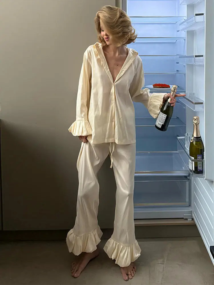 Womens 2 Piece Pajama Set Solid Color Button Long Flared Sleeve Shirts Elastic Pants Spring Sweet Girl Nightwear Sleepwear 250219