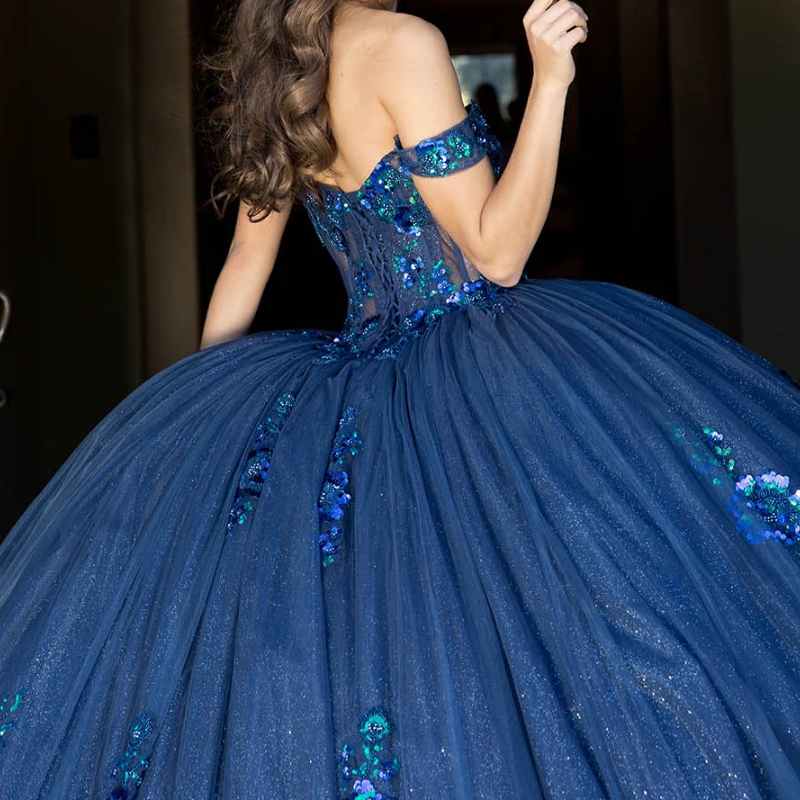 Royal Blue Shiny Quinceanera Dresses Ball Gown Off Shoulder Sequin Appliques Lace Beads Tull Corset Sweet 16 Dress Vestidos 15 de anos