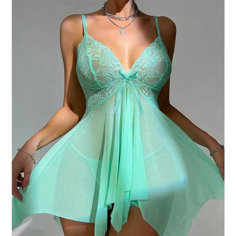 Summer Sexy Fantasia Sleepwear Set Erotic Lingerie Womens Perspective Lace Suspender Babydolls Corset Dress Sex Costumes W250220