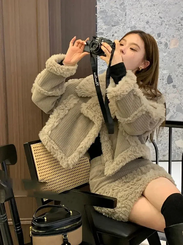 Retro style fashionable splicing furry short coat top high waist skirt twopiece suit winter womens clothing 250220