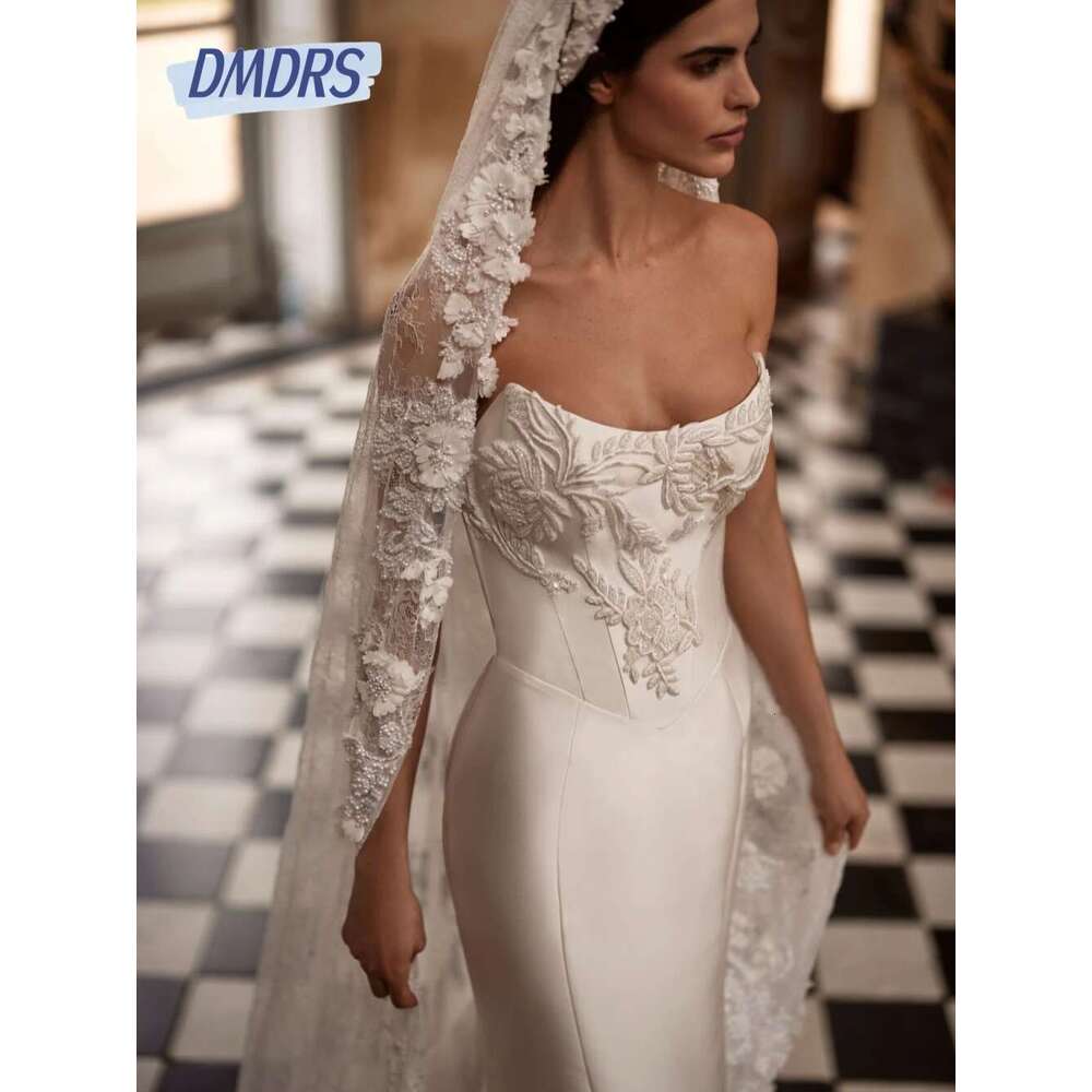 Dreamer Satin Wedding Ivory Lace, Strapless, Mermaid, For Bride, Romantic, Sleeveless, Custom Bridal Dress, Women's Clothing