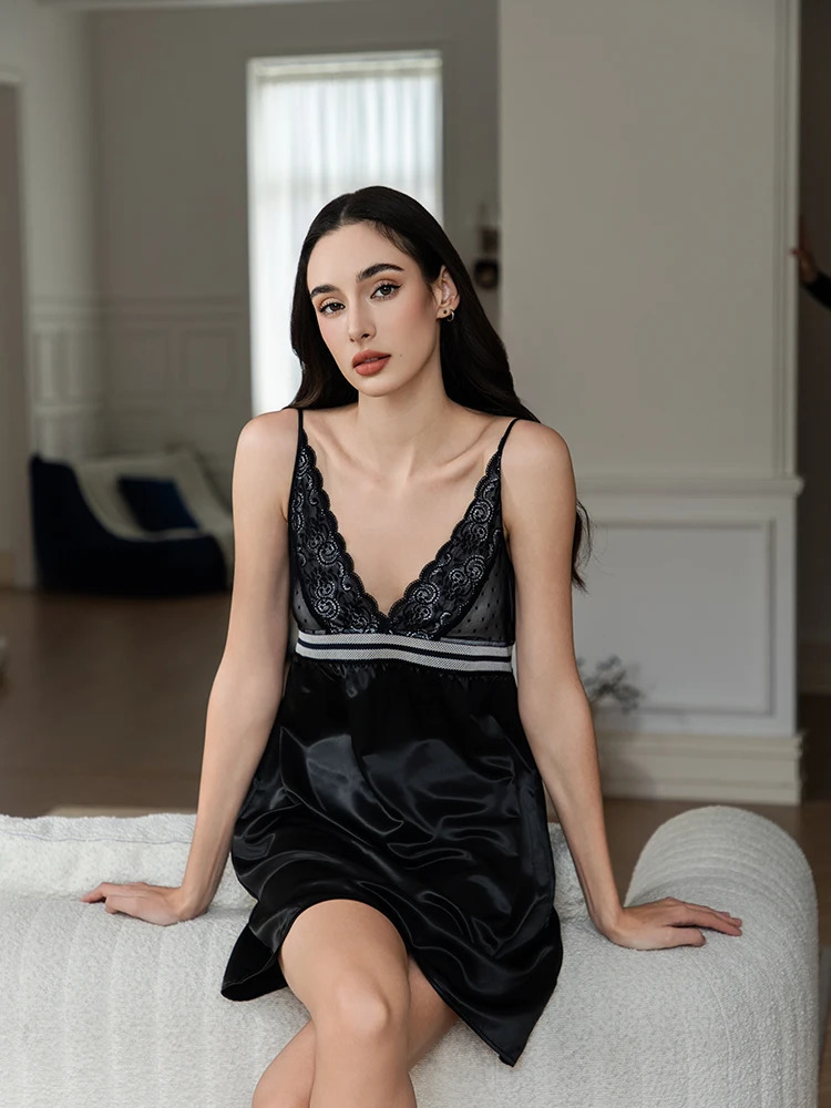 Musebree Womens V Neck Sexy Night Dress Ladies Lace Sleeveless Nightdress Nightgowns Spring Sleep Dress Womens Pajamas Dress 250219