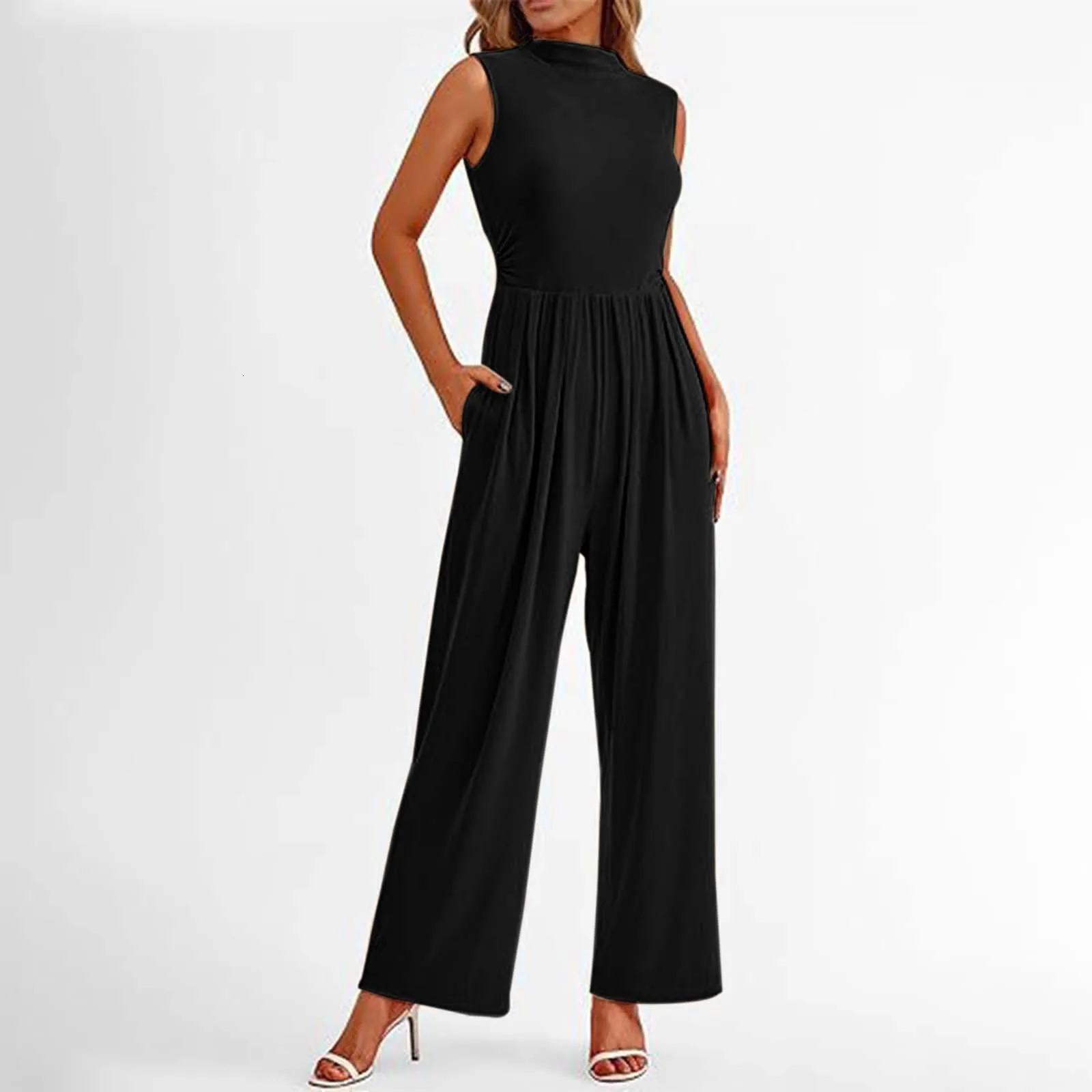 Womens Jumpsuit Elegant Chic Sleeveless Wide Leg Jumpsuits Dressy Loose High Waisted Party Overalls Solid Baggy Rompers 250220