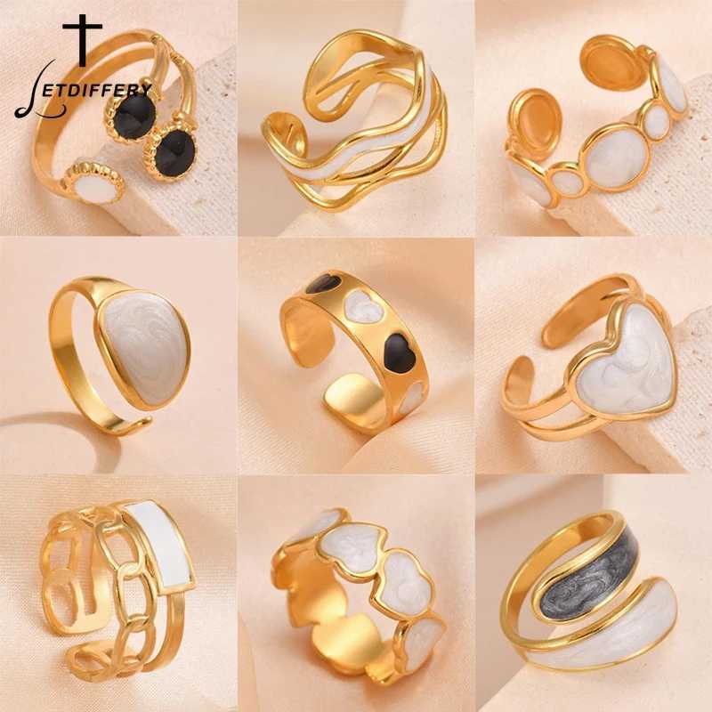 Letdiffery Retro Gold Color Double Oil Drip Open Rings Stainless Steel For Wen Luxury Irregar Adjustable Ring Trendy Jewelry X250220