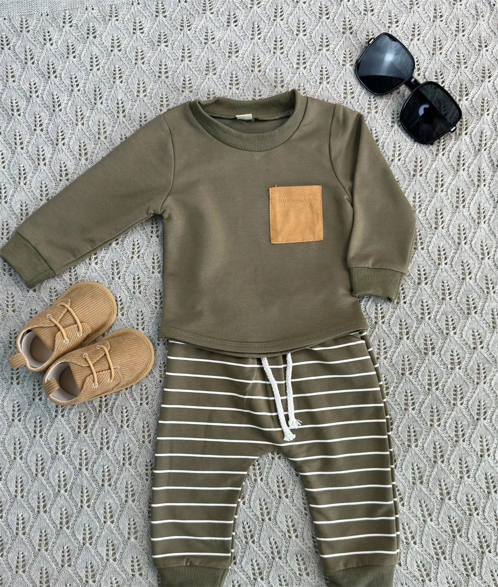0-3Yrs Baby Boys Striped Clothes Outfits Cotton Long Sleeve Sweatshirts Tops Pants 2Pcs Spring Autumn Infant Boys Clothing Suits 250219