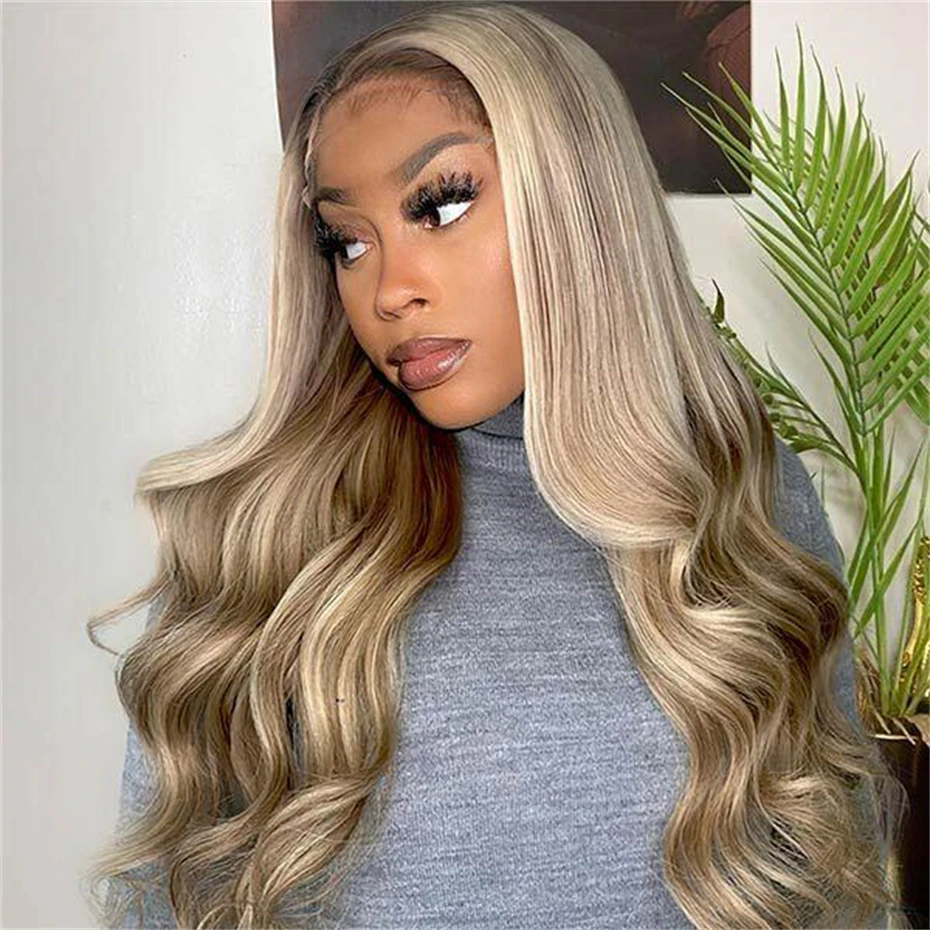 Ash Blonde Highlight Colored Transparent Lace Front Wigs Human Hair Body Wave Lace Frontal Wigs Pre Plucked For Women