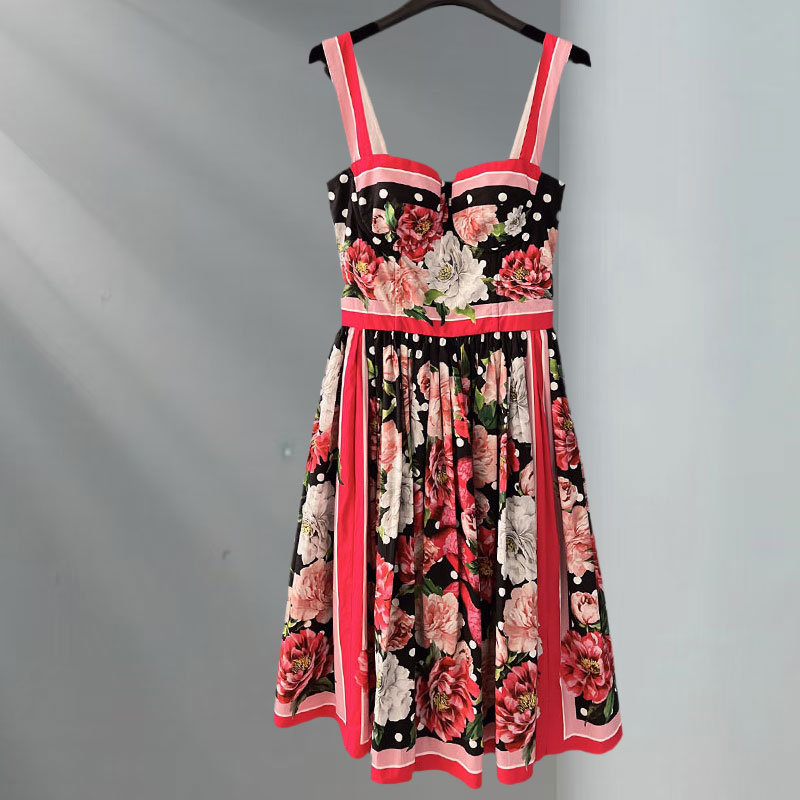 Women's Floral Print Cotton Camisole Dress Vacation Style Knee-Length Strapless Pleated Clothes Waist-Defining Elegant Classic Spring Luxury Desi