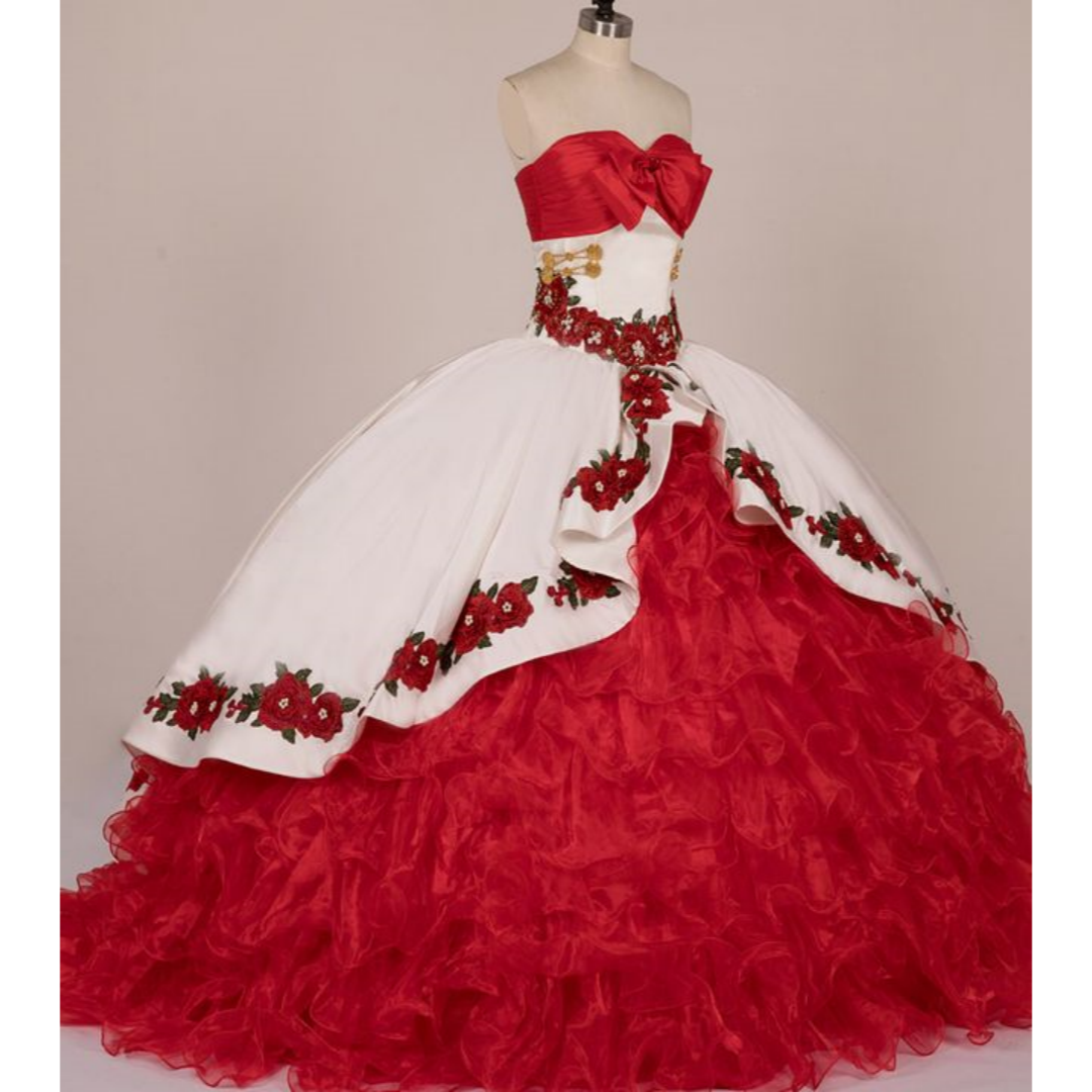 White And Red Charro Quinceanera Dress Tiered Ball Gown Sweet 16 Dresses Floral Embroidery Bow Sweetheart Sleevleess Corset Prom Party Birthday Vestid
