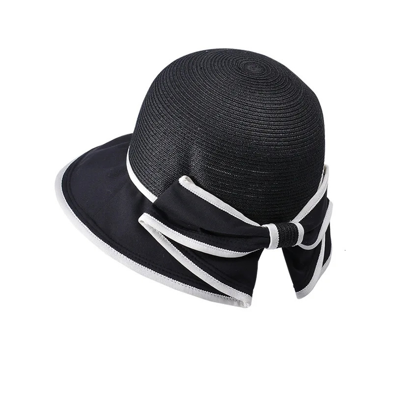 2024 Spring Summer Korean Bow Fashion Solid Straw Hat Women Sun Woven Net Breathable Fisherman Large Eave Bucket Cap 250117