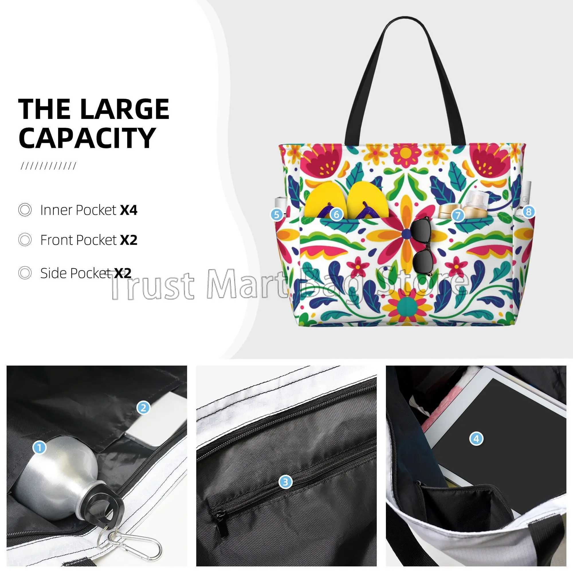 Mexican Flower Waterproof Beach Tote Pool Bags for Women Ladies Extra Large Gym Tote Carry on Bag for Weekender Travel Swim Z250219