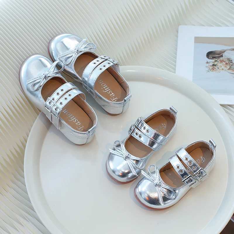 Girls Mary Jens Silver Light Bow Round Toe Childrens Princess Shoes Fashion Full Match Daily Spring Childrens Flat Shoes 24-35 X250220